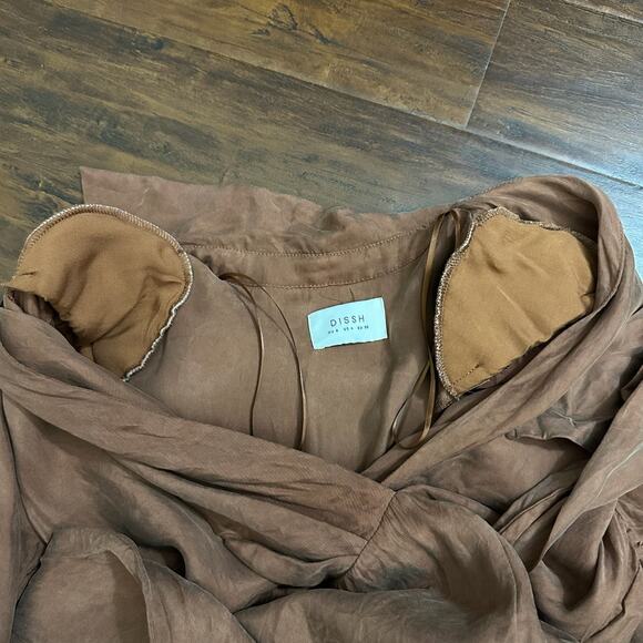 DISSH Wrap Dress Brown Long Sleeve Midi Tie Waist Shoulder Pads - Picture 9 of 15